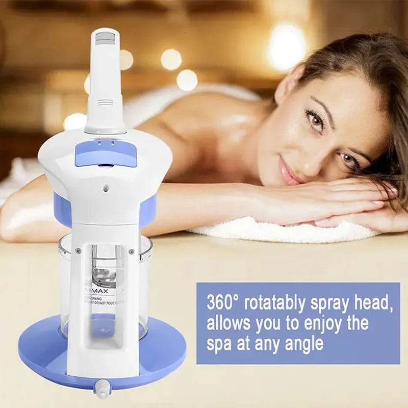White and blue nano ionic facial steamer with 360-degree rotating nozzle for home spa skincare and deep pore cleaning.