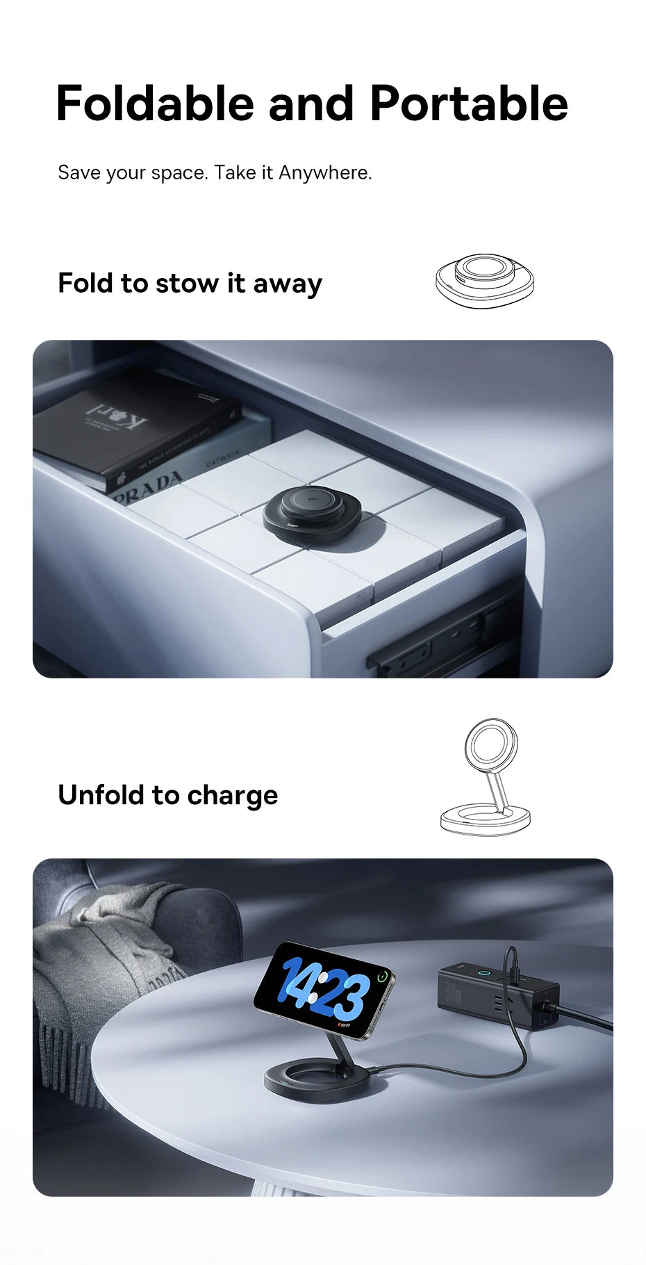 15W Magnetic Wireless Charger Stand, Foldable Qi2 for iPhone 16 Series Tidesmit