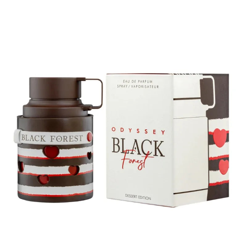 Armaf Odyssey Black Forest EDP: Unisex woody perfume in a unique canteen-shaped bottle with heart accents and box.