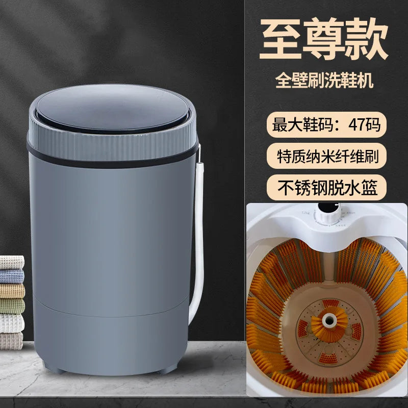 Automatic shoe washing machine, gray body with black top lid and orange brush drum insert
