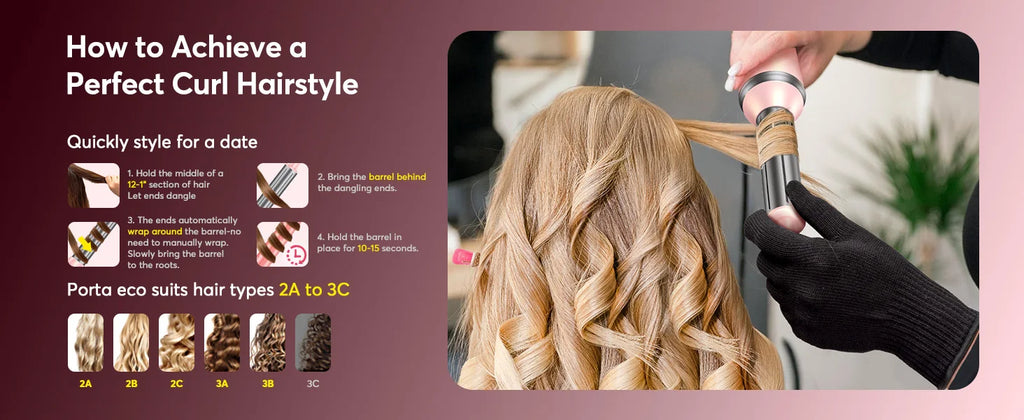 Pink 5-in-1 hot air styler creates curls on blonde hair with auto-wrap barrel attachment. Professional hair tool guide.