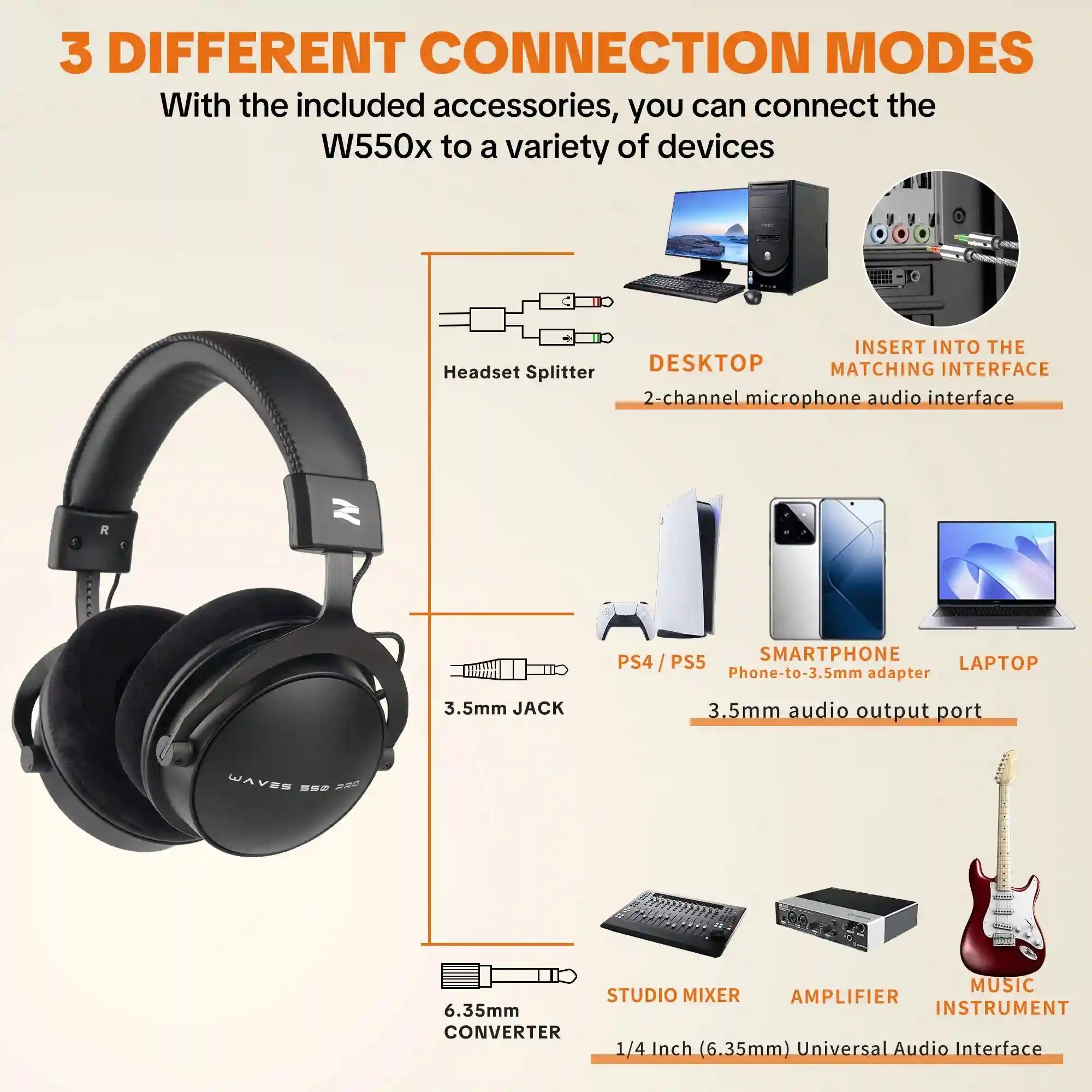 Wired Studio Headphones Over-Ear Monitor - Detachable Cable (W550x) Tidesmit