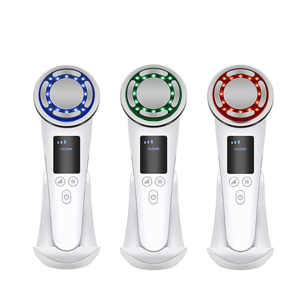 Hot and cold LED light therapy facial device with vibration, EMS, and charging base for skin cleansing and firming.