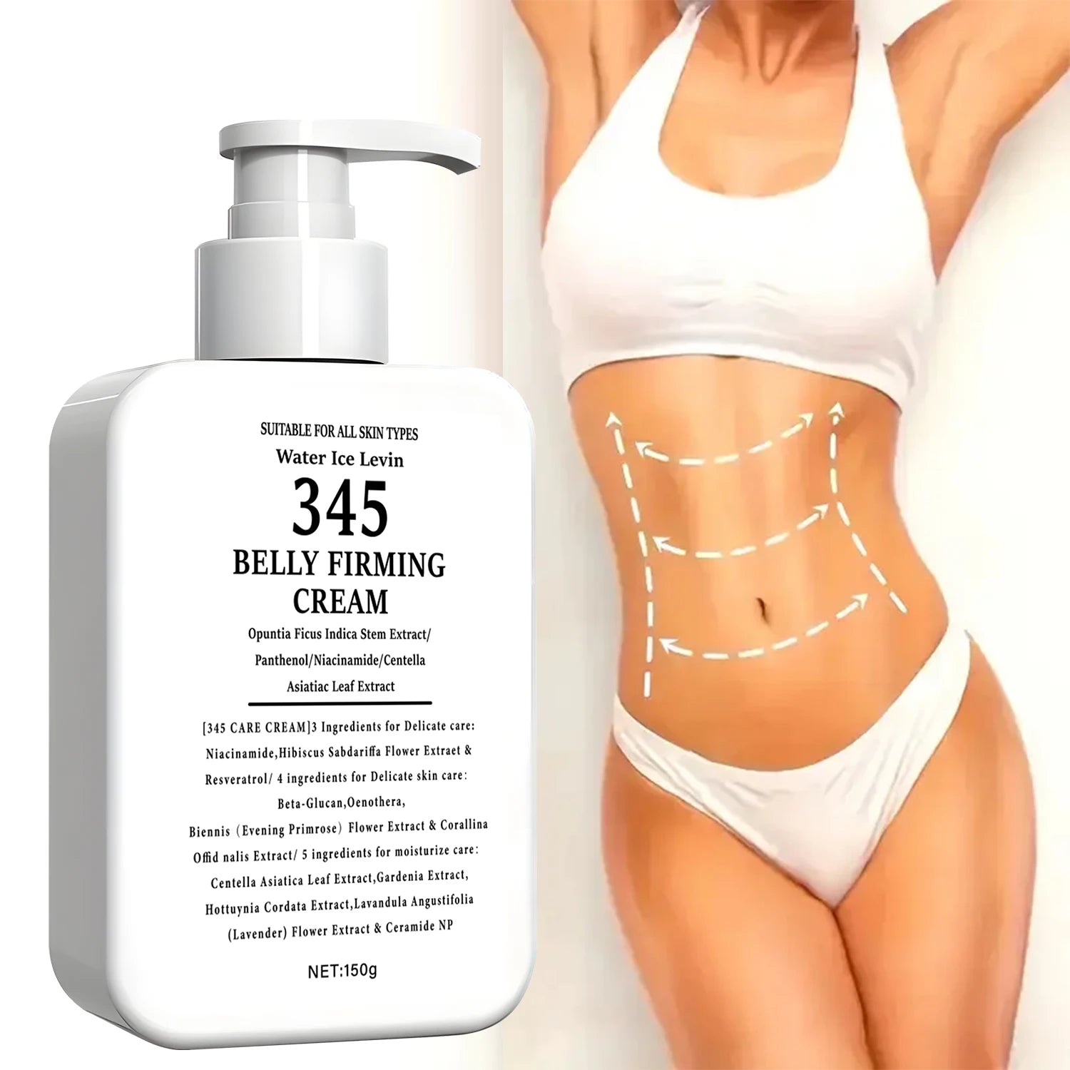 345 Belly Firming Cream Opuntia Stem Extract. Niacinamide Panthenol. Targets Crepey Skin. Tightens Firms. All Skin Types. 150g.