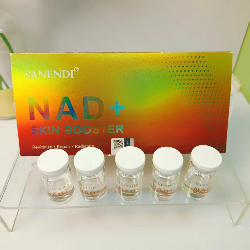 Sanendi NAD+ Complex Essence set featuring five 7ml glass vials for skin brightening and anti-aging repair.