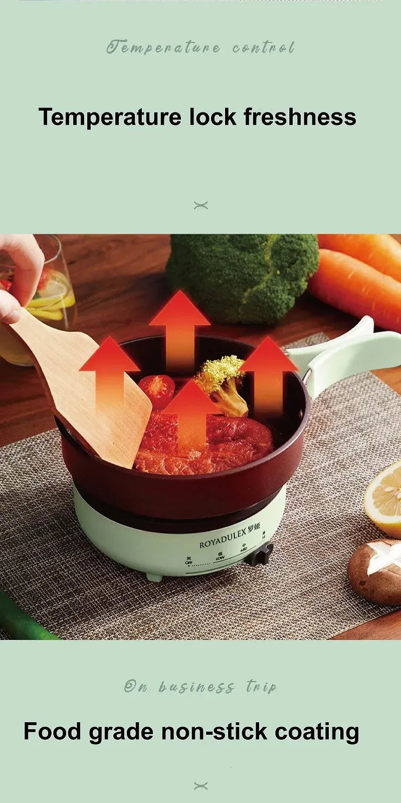 Mint green electric cooking pot with non-stick interior and food heating inside