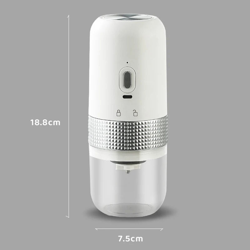 Portable white electric coffee grinder, 18.8cm tall, with silver textured grip and clear plastic base.