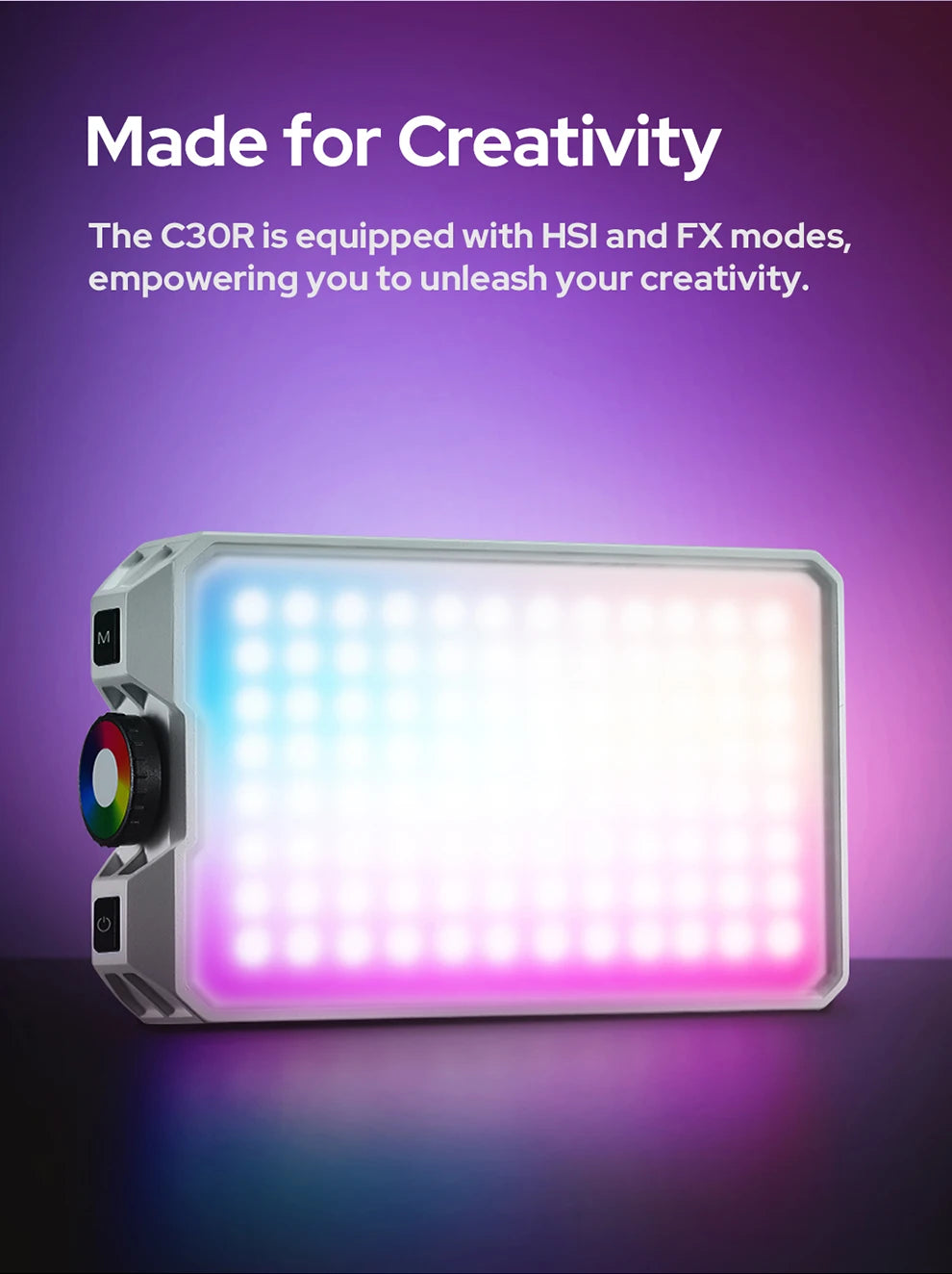 C30R rectangular LED video light with a silver frame, color control dial, and adjustable multicolor lighting effects.