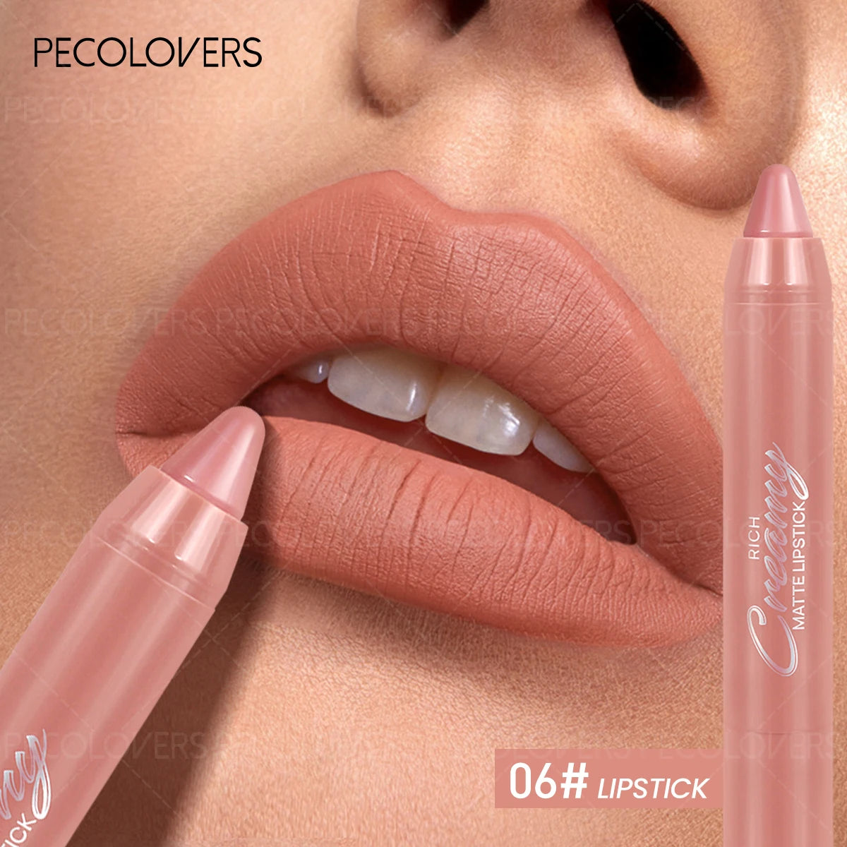 Creamy matte nude lipstick in a crayon pencil, creating plump, defined lip contours for a charming, long-wear finish.