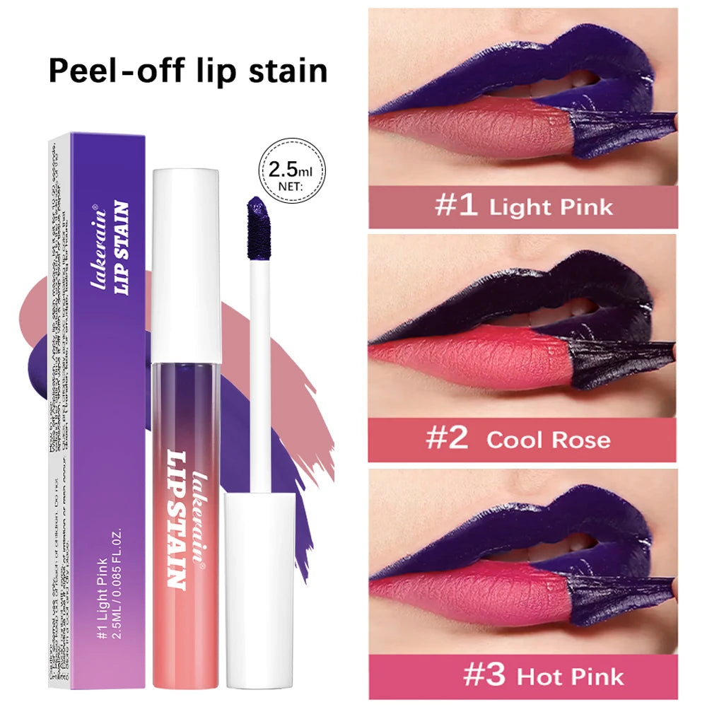 Waterproof peel-off lip stain kit with 3 pink shades, showing long-lasting, transfer-proof, matte liquid lip tint.