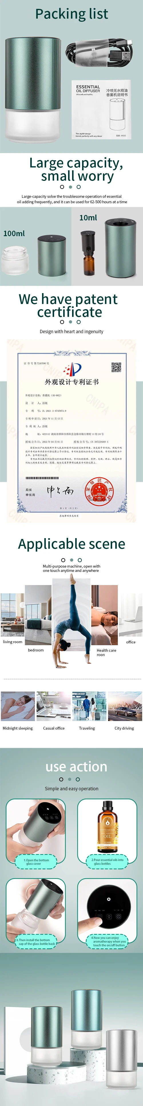 Waterless Diffuser for Essential Oil Nebulizer 100ml Capacity Battery Aromatherapy Mini Scent Air Machine Atomizing Diffuser