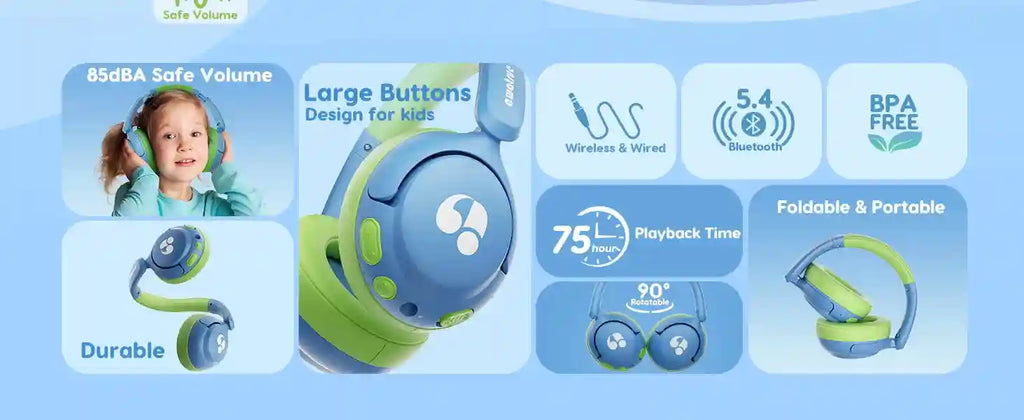 Wireless Kids Headphones - Volume Limited Over-Ear Stereo Audio Tidesmit