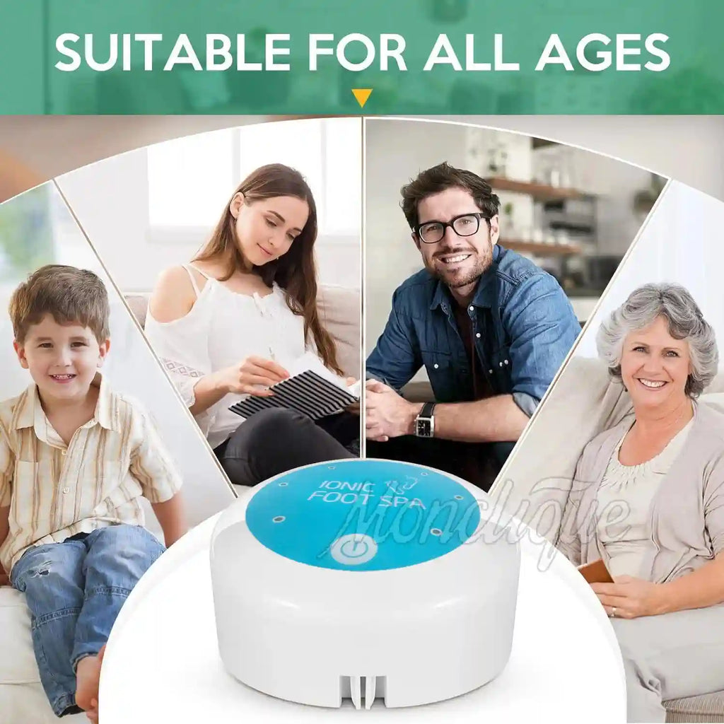 White and blue ionic detox foot spa machine for home therapy, suitable for all ages for relaxation and wellness.