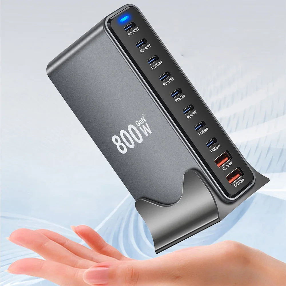 800W GaN 10-Port USB-C Desktop Charger - Fast Multi-Device Power Station Tidesmit
