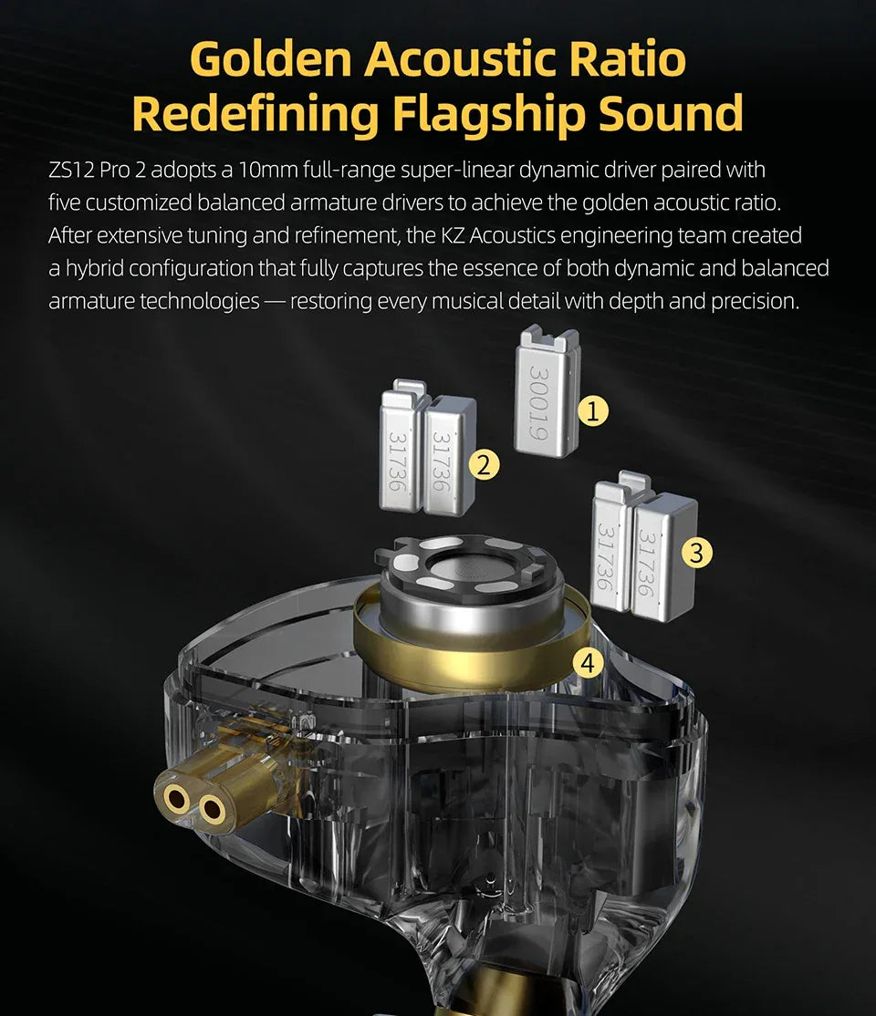 KZ ZS12 Pro Hybrid In-Ear Monitors HiFi Wired Earphones - Tidesmit Tidesmit