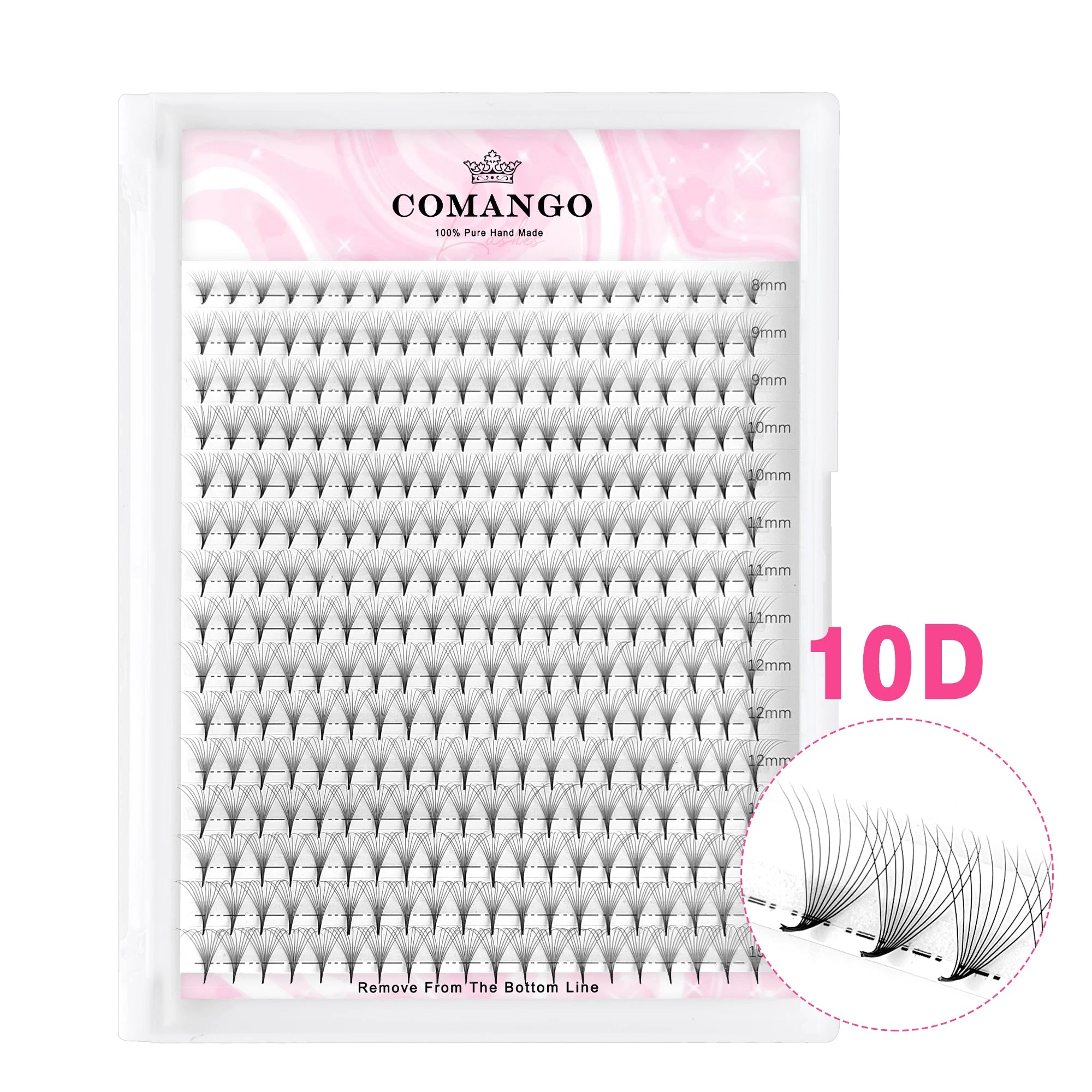 Tray of 10D black synthetic eyelash extensions with varying lengths from 8mm to 12mm for volume lash application.