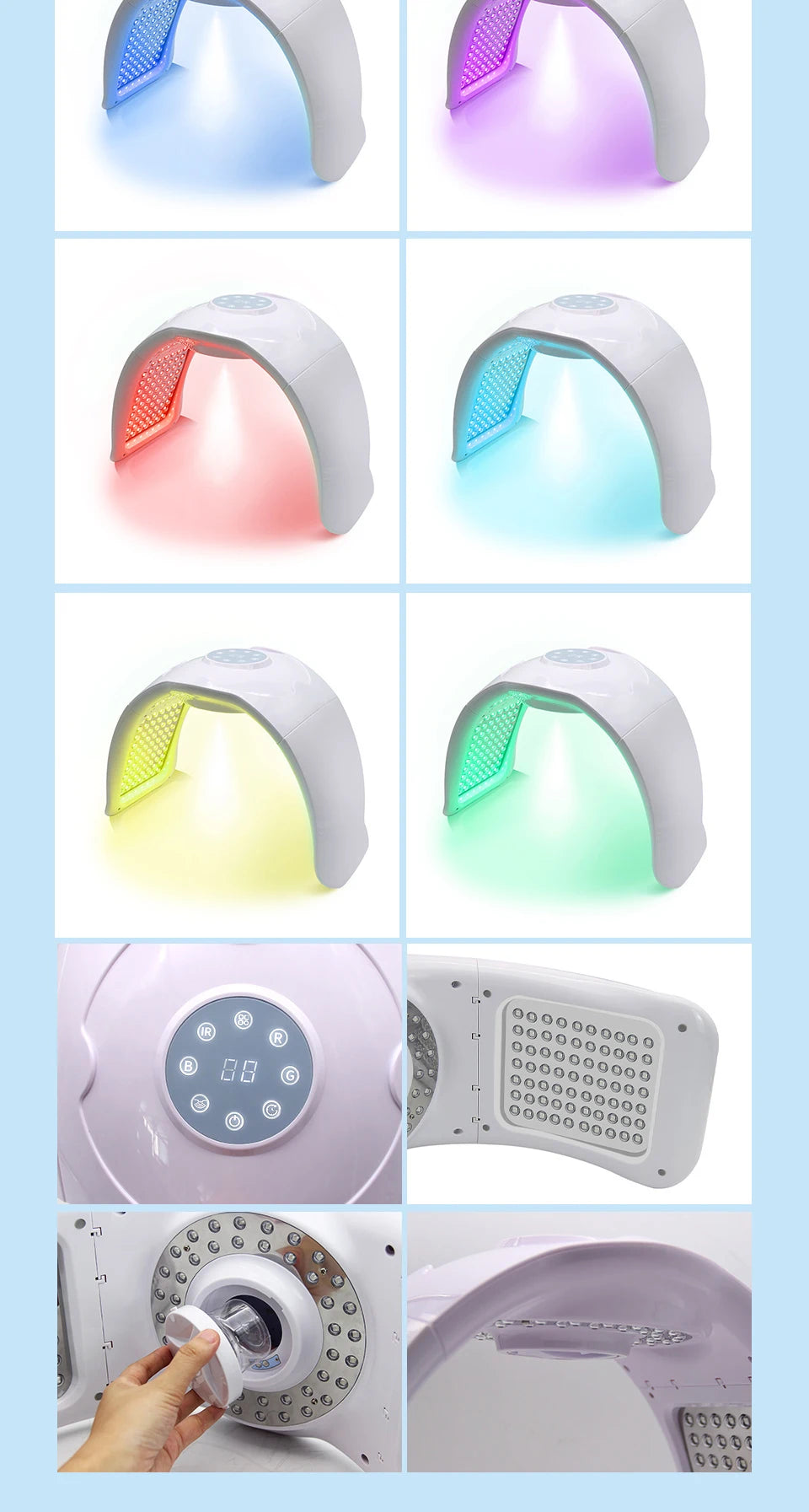 8-color LED light therapy machine for face and body skin rejuvenation, home salon beauty device with control panel.