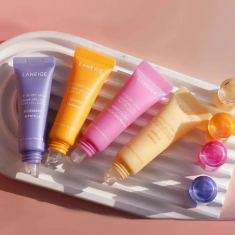 Four colorful Laneige Lip Glowy Balms in a smoothing, hydrating formula for nourished, glossy, natural-looking lips.