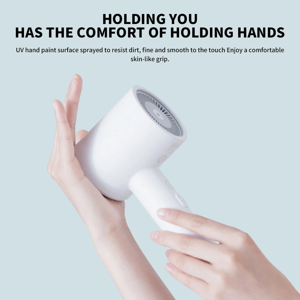 Xiaomi Mijia H300 white ionic hair dryer with soft-touch, dirt-resistant coating for a comfortable, ergonomic grip.