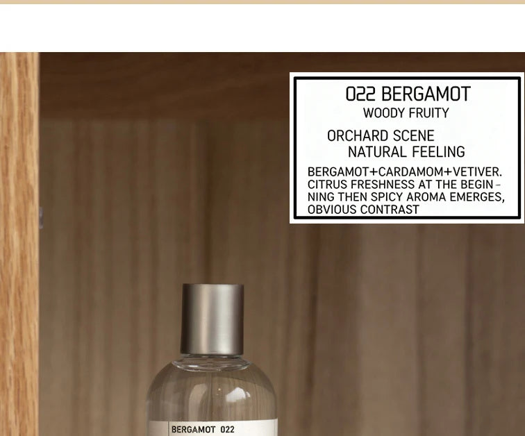 Bergamot 022 unisex EDT 100ml: Woody fruity scent with bergamot, cardamom, vetiver in a minimal glass bottle.