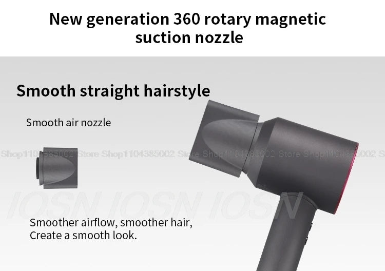 Grey leafless negative ion hair dryer with 360-degree magnetic smooth air nozzle attachment for quick, sleek styling.