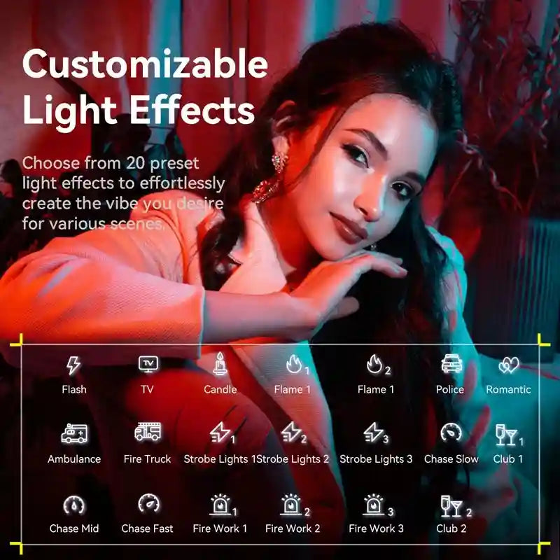LED light controller showing 20 preset light effects on a woman illuminated by red and blue ambient lighting.