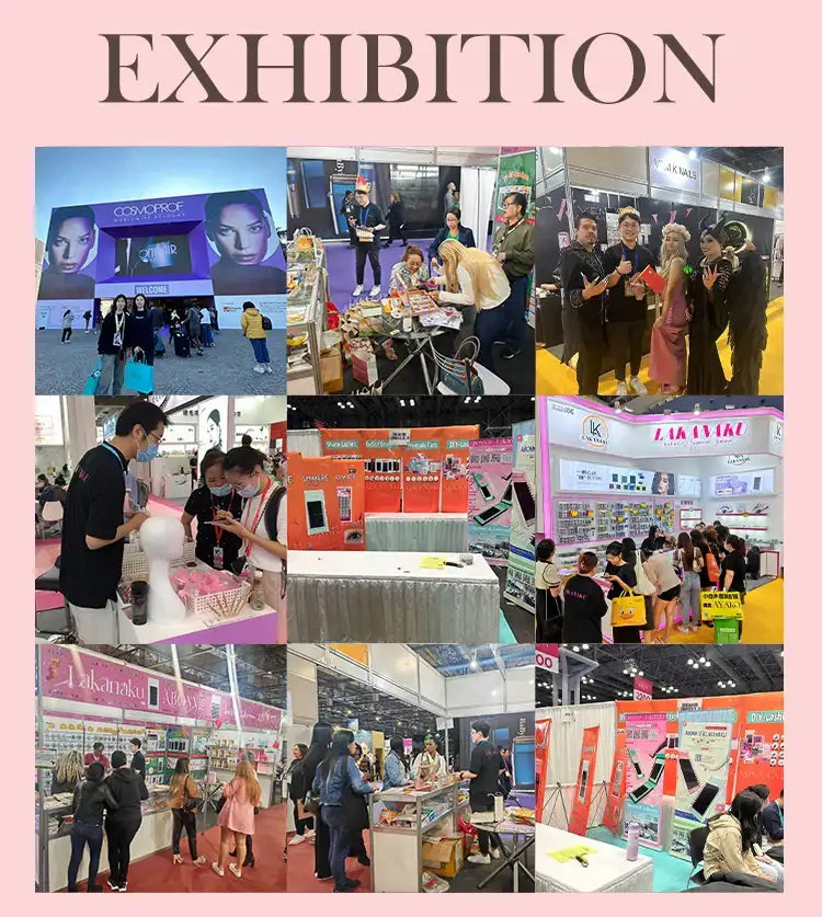 Collage showing various views of trade show exhibition booths for Abonnie eyelash supplies and beauty products.