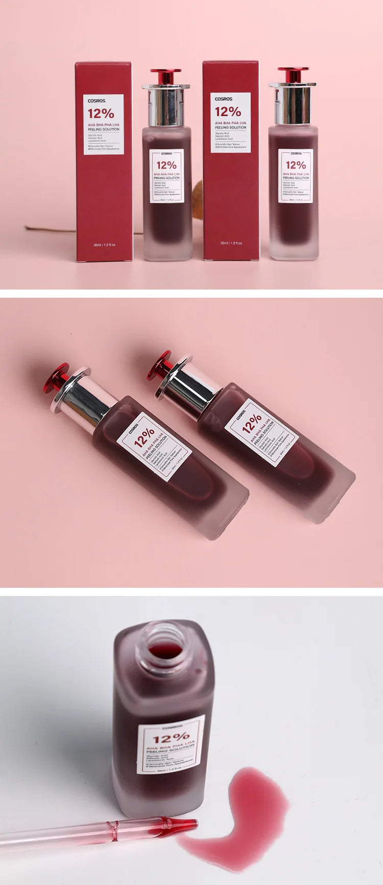 Two peeling essence bottles with red caps and boxes, containing dark red liquid, shown upright, lying flat, and opened.
