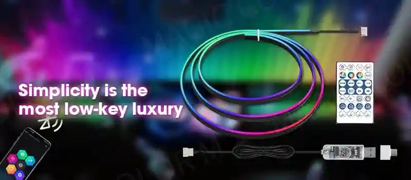 Coiled RGB LED light strip with remote control and USB connector for customizable decorative lighting.