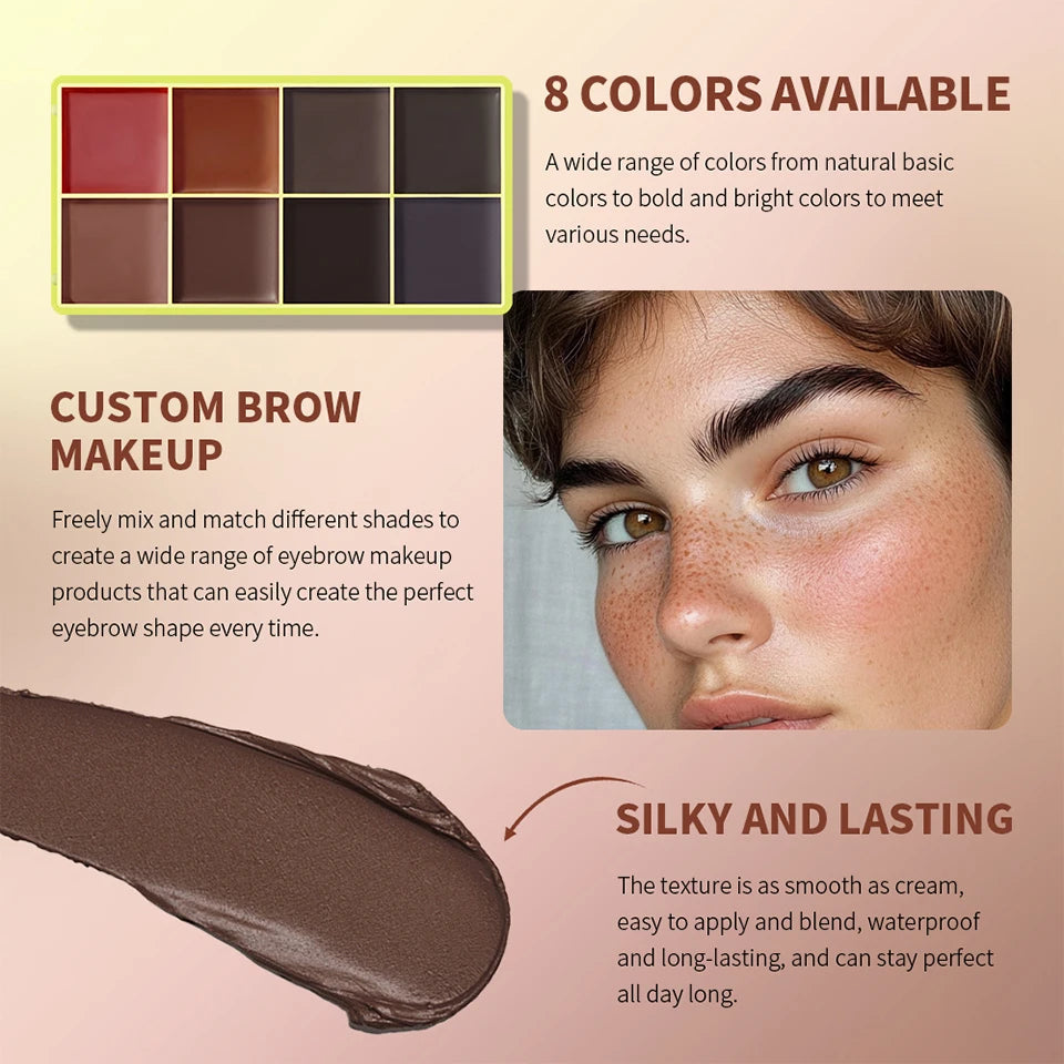 Tidesmit 8-color eyebrow cream highlighter palette showing shimmer and matte texture swatches for face makeup