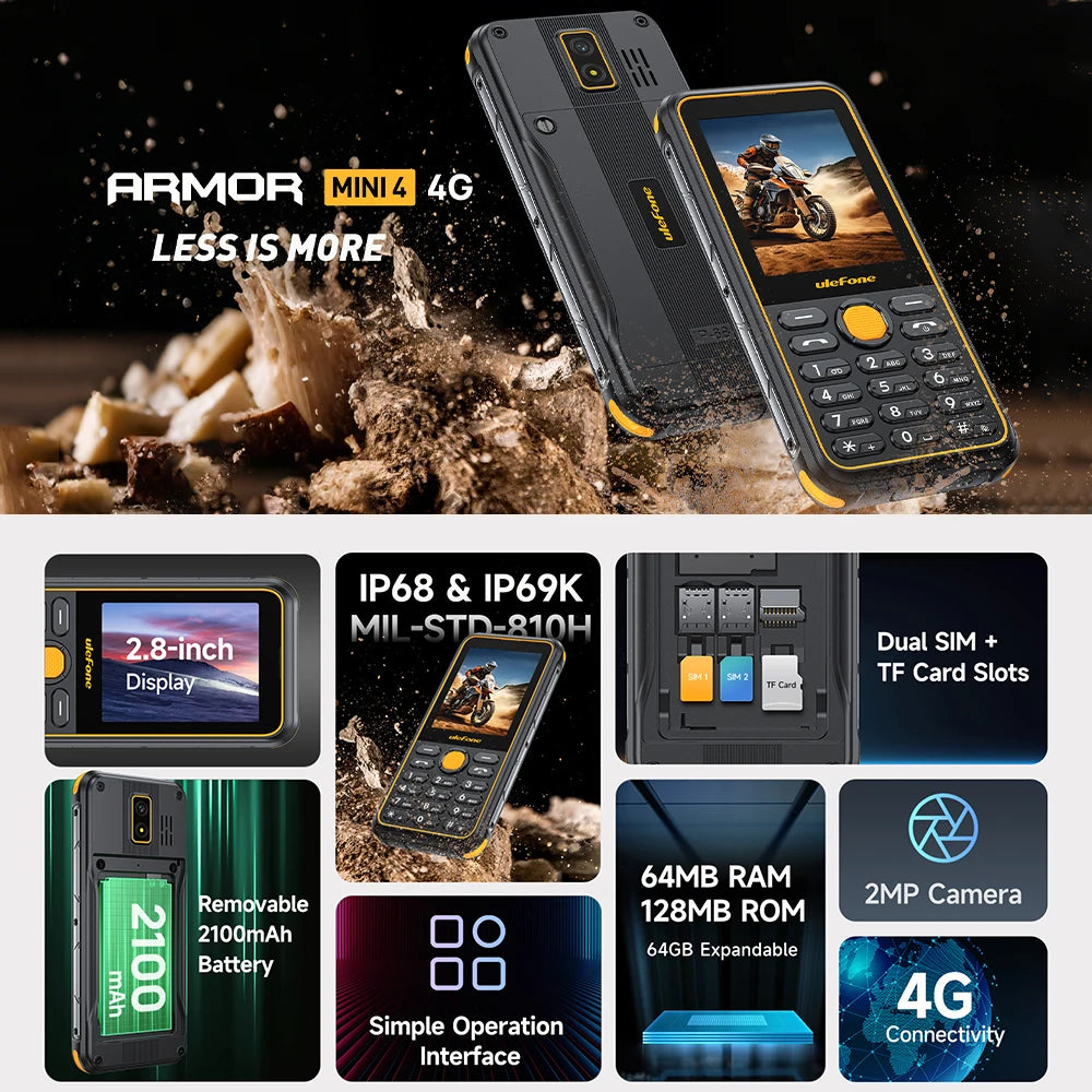 Ulefone Armor Mini 4 Rugged 64MB RAM 128MB ROM 2.8 inch Unisoc T117 2MP Rear Camera 2100mAh Battery 4G Global Version