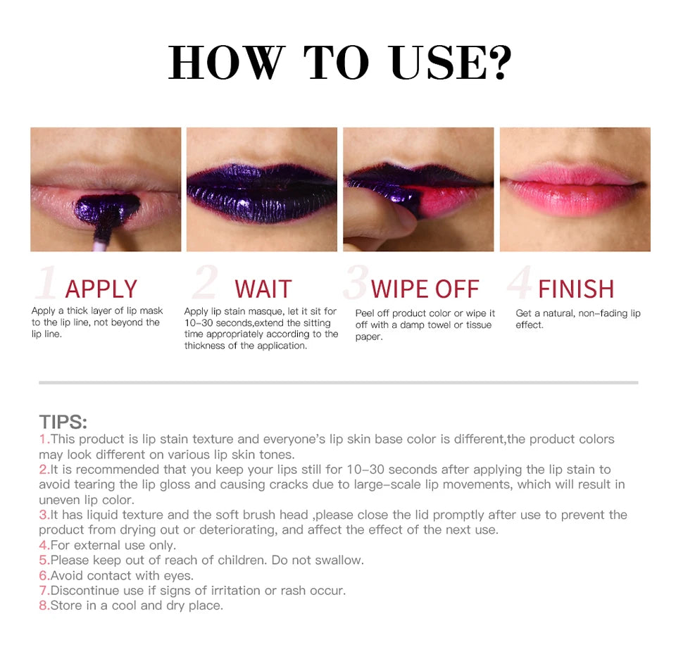 Instruction guide for waterproof peel-off lip stain showing application, waiting, and natural matte finish results.