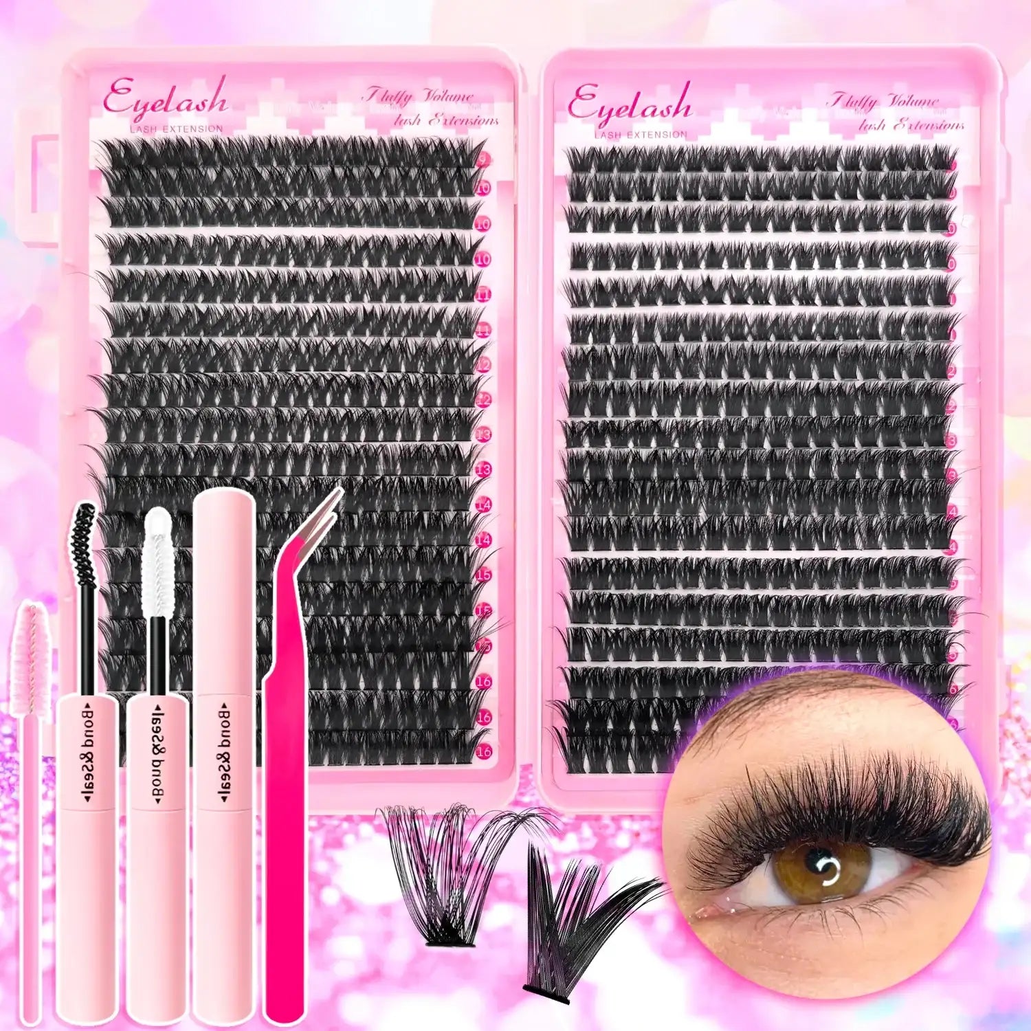 720/200pcs eyelash Extension Kit Fluffy Eyelash Extension kit with Lash Bond and Seal Lash Tweezers Thick Lash Clusters