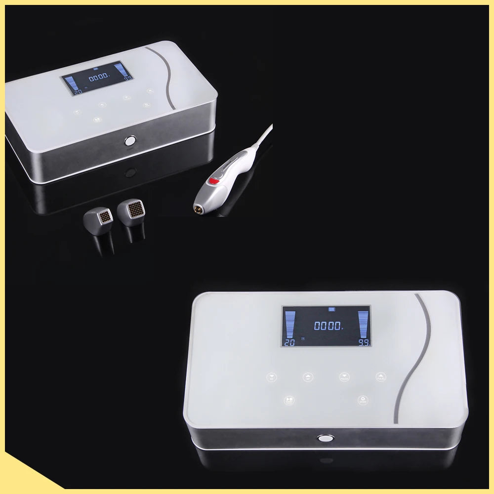 Korean dot matrix RF skin lifting device with white digital display console, treatment wand, and interchangeable heads.