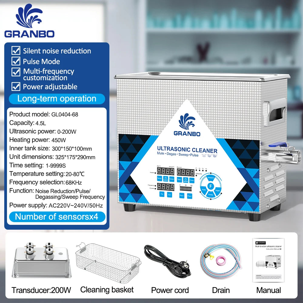 Tidesmit 4.5L ultrasonic cleaner 200W multi-frequency lab grade stainless steel device side profile view