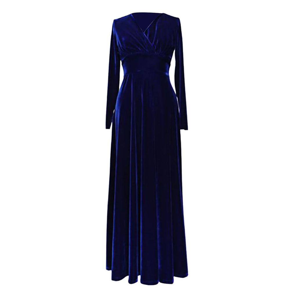 Vintage Women Autumn Long Sleeve V Neck Pleated Velvet Banquet Party Maxi Dress Party Wedding Elegant Evening dress 