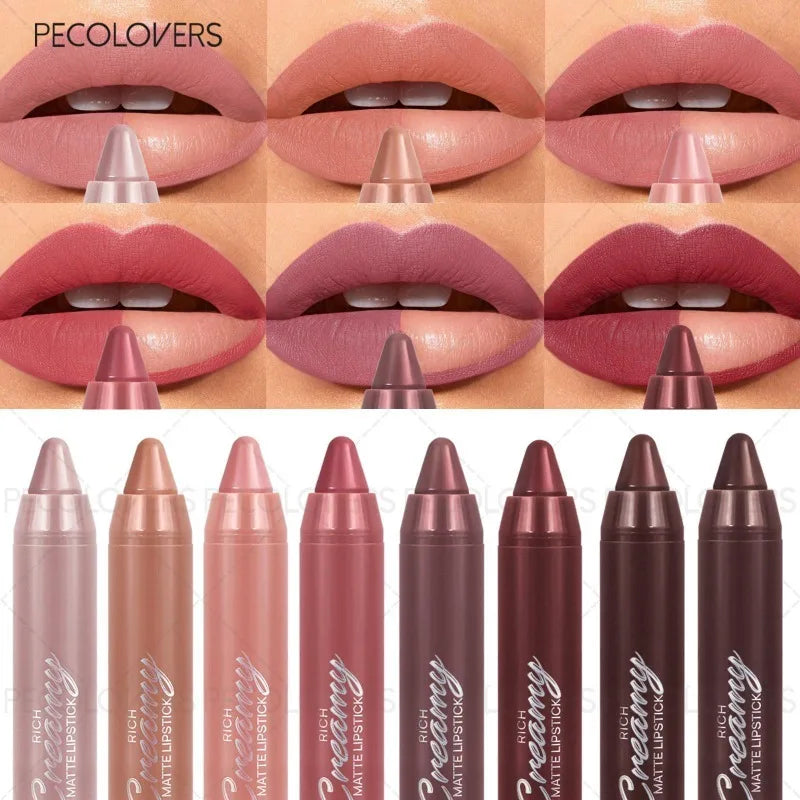 Creamy matte lip liner and lipstick set in various nude, pink, and berry shades for defined, plump, charming lips.