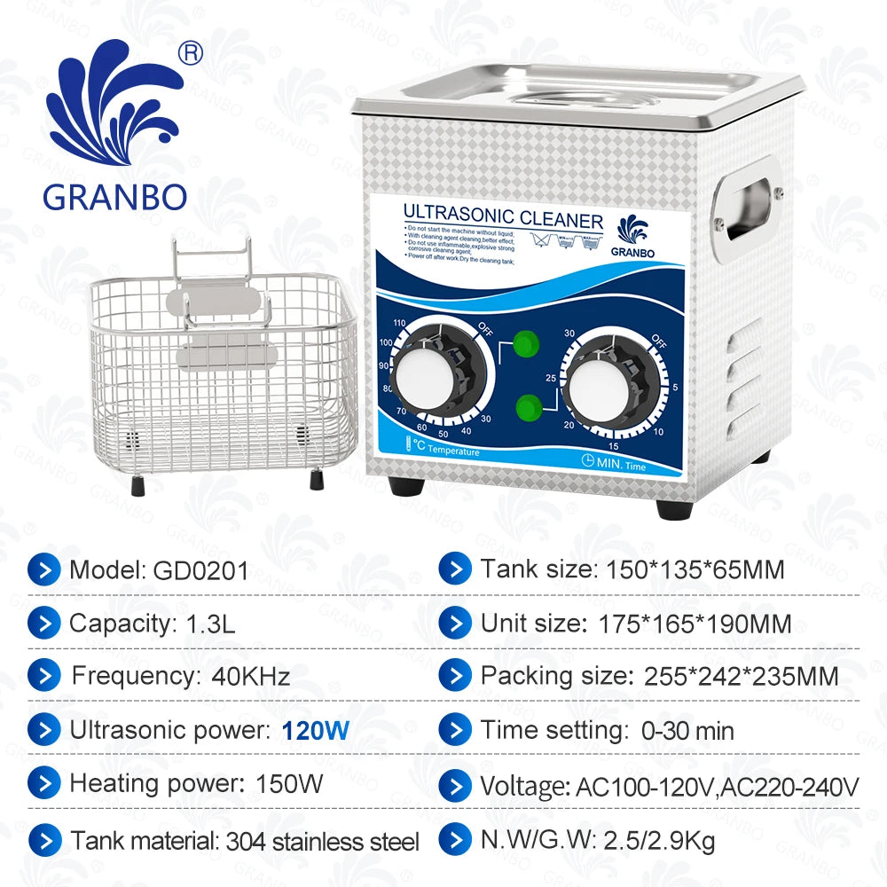 1.3L ultrasonic jewelry cleaner in white with control panel, metal basket, 120W