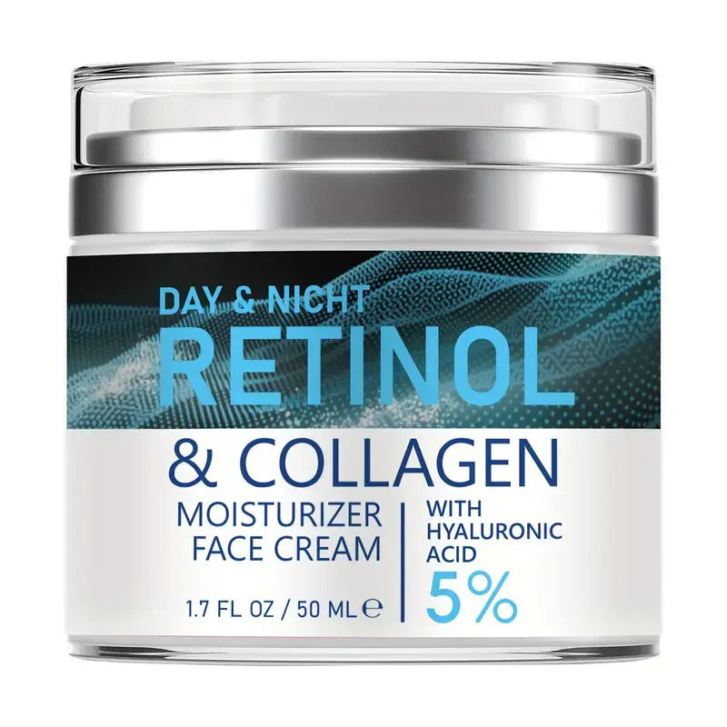 A round jar of ENVISHA Retinol & Collagen face cream with a silver lid and blue abstract graphic label.