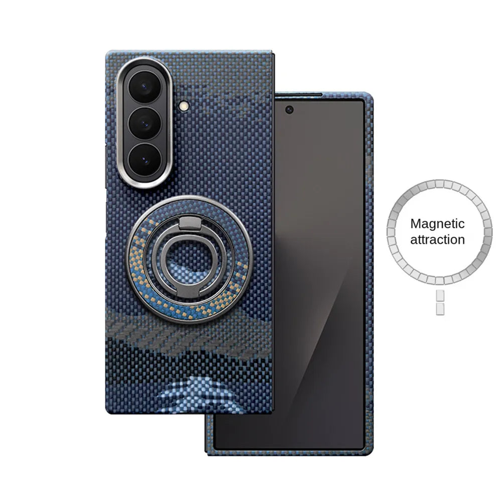 Blue patterned phone case for Samsung Galaxy S24 Ultra with a built-in magnetic ring stand for grip and charging.
