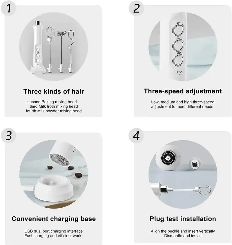 White electric milk frother with 3 speeds, 3 interchangeable heads, and a USB rechargeable charging base.