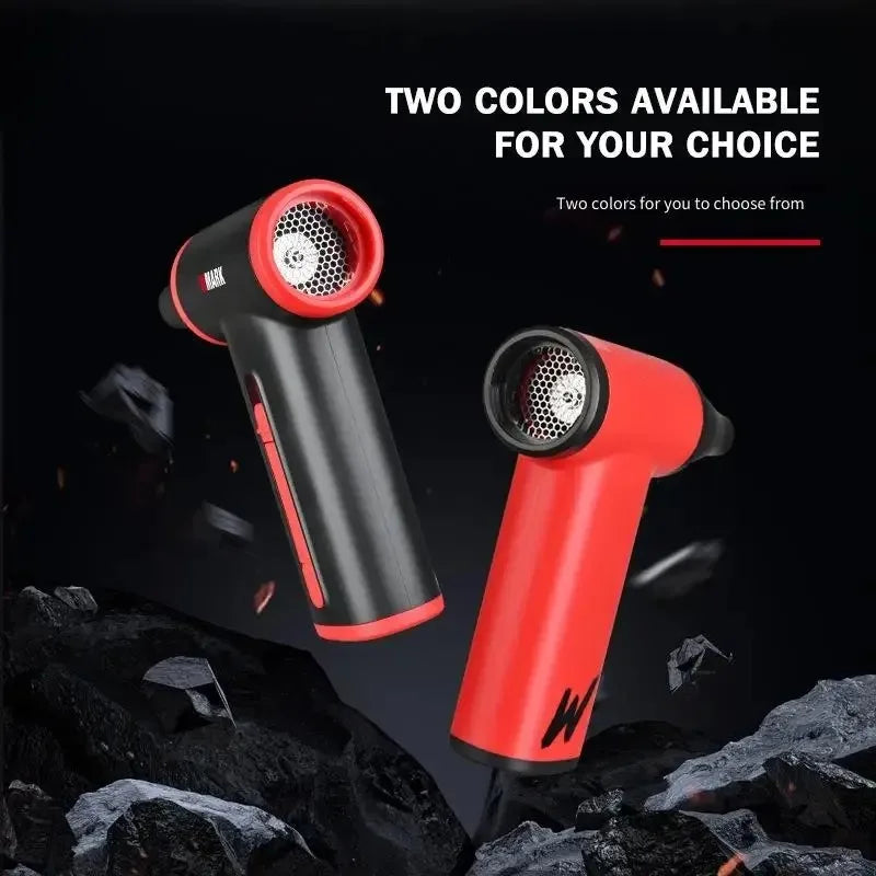 WMARK cordless hair dryer and dust blower in black and red, 130k RPM brushless motor, portable travel design.