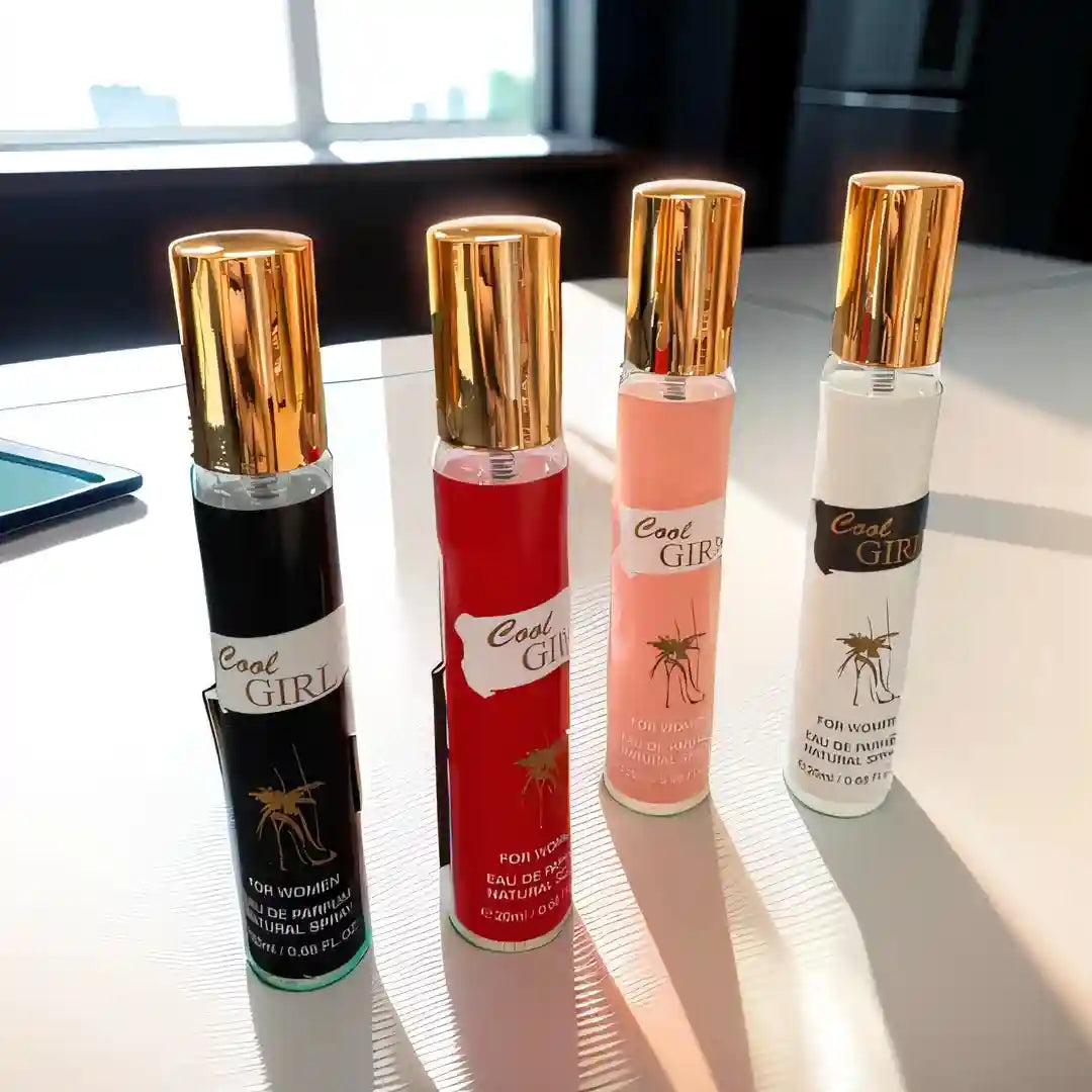 Cool Girl EDP perfume set for women. Slim cylindrical spray bottles with gold caps. Fresh, long-lasting gift box.