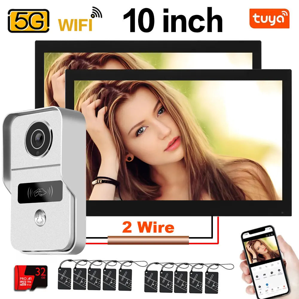 Tuya 1080P 5G Wifi 7/10 Inch 2pcs Touch Monitor for Apartment System Home Security 2 Wire Doorbell Card Swipe APP NFC unlock