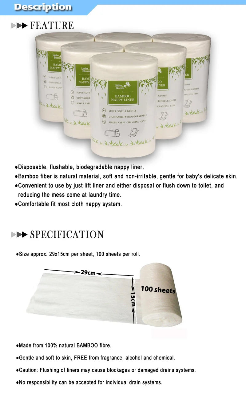 4PCs 100% Biodegradable & Flushable Nappy Liners Cleaning Diaper Insert Cover Wipes One Set for 4 Rolls Bamboo Liners One Set
