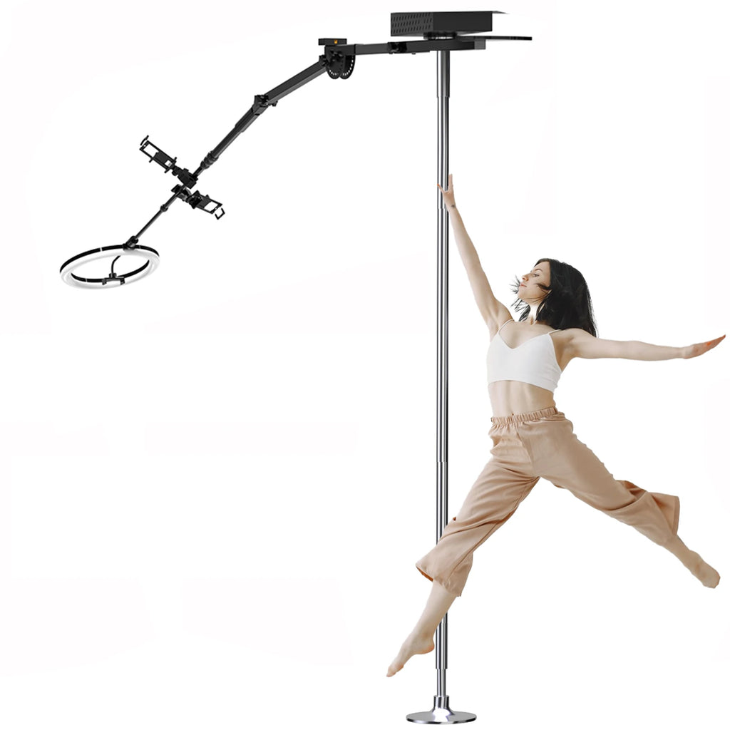 Chrome dance pole with a black adjustable boom arm for ring light and phone mounting, used for recording performances.