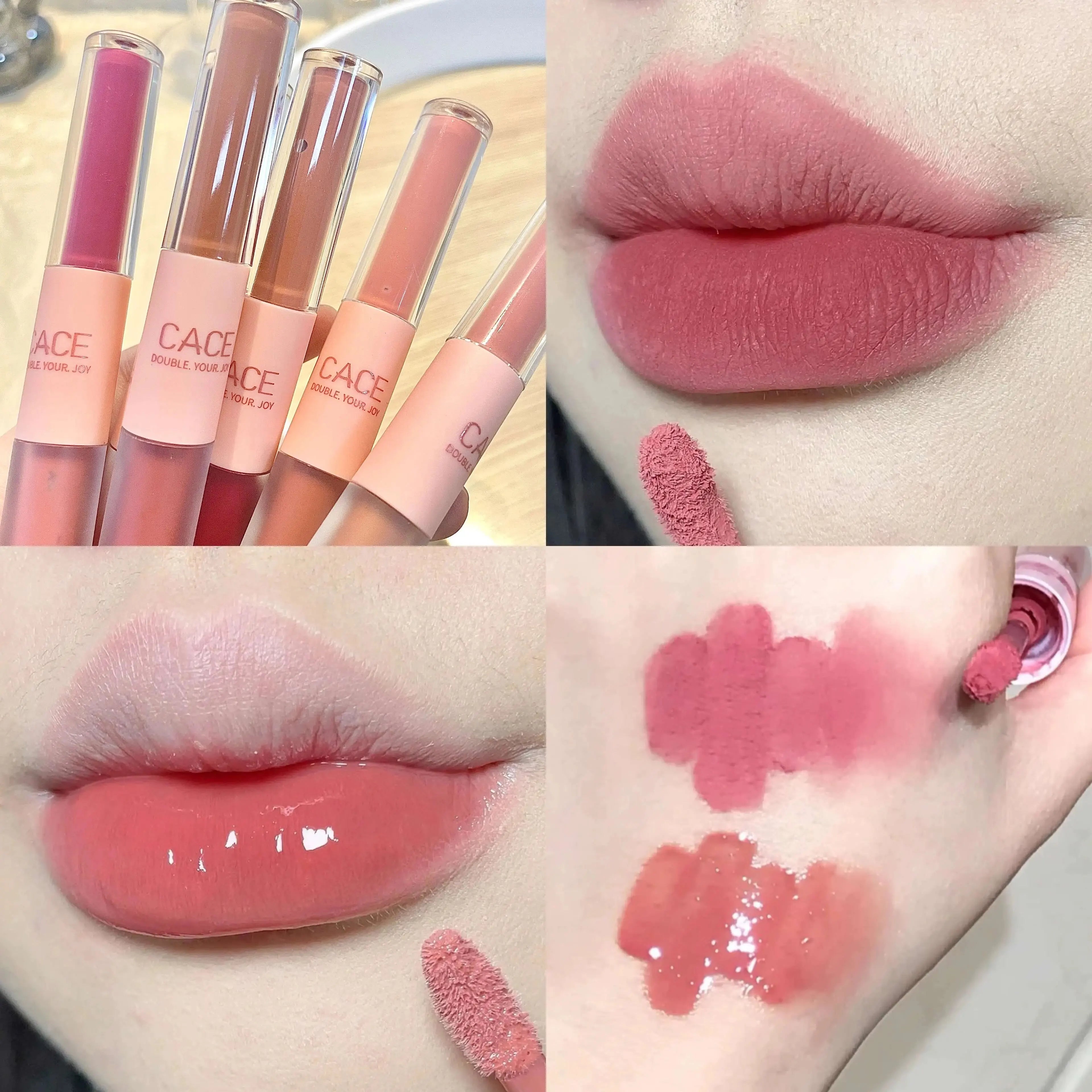 CACE double-head lip gloss set with matte lip mud and glossy water glaze in various pink and red shades.