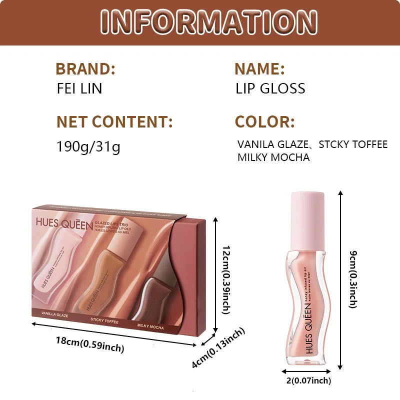 Fei Lin 3-color moisturizing lip gloss set in Vanilla Glaze, Sticky Toffee, and Milky Mocha hydrating tint shades.