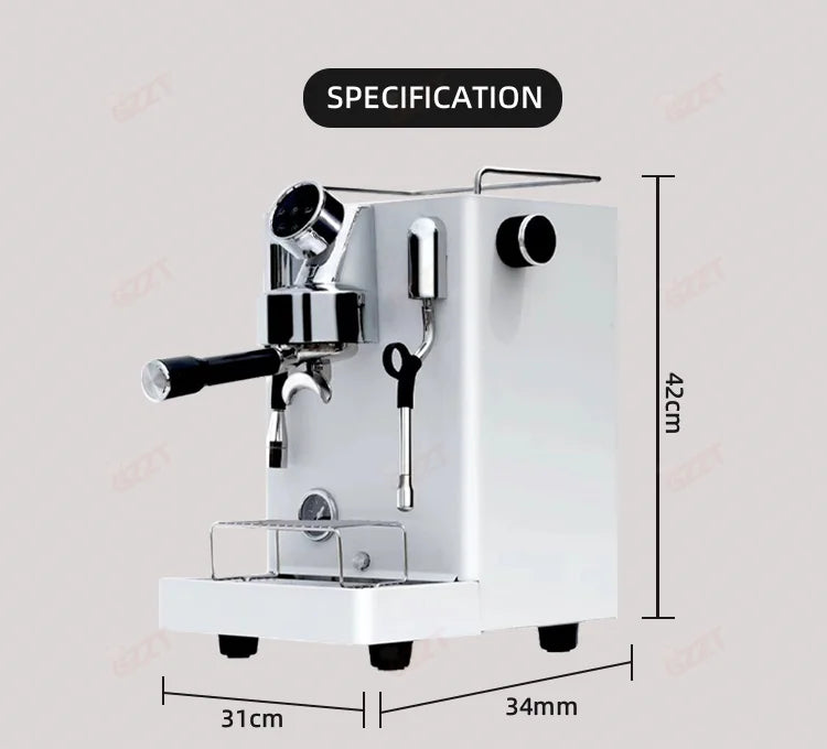 White espresso machine with chrome accents, professional portafilter, steam wand, and 42cm height specifications.
