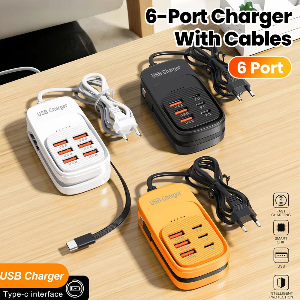 EU/US/UK 6-Ports USB Charging Extension Socket with Type-C Cable 3USB 3PD Power Strip Desktop Charging Station HUB Adapter 5V2A